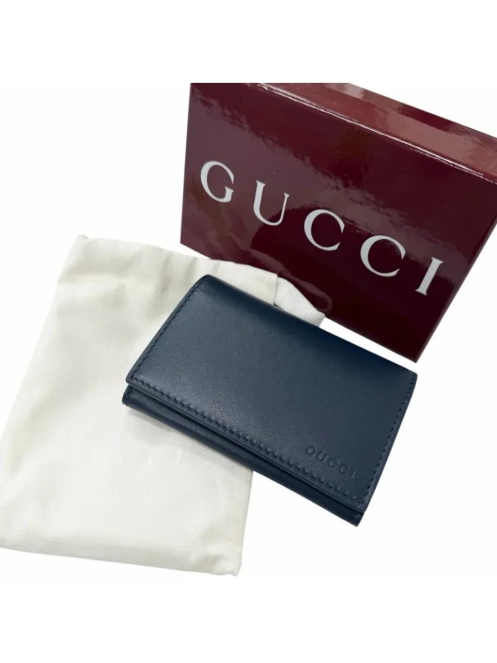 Gucci Leather Inside GG Logo All Over Pattern Card Case Business Holder Navy